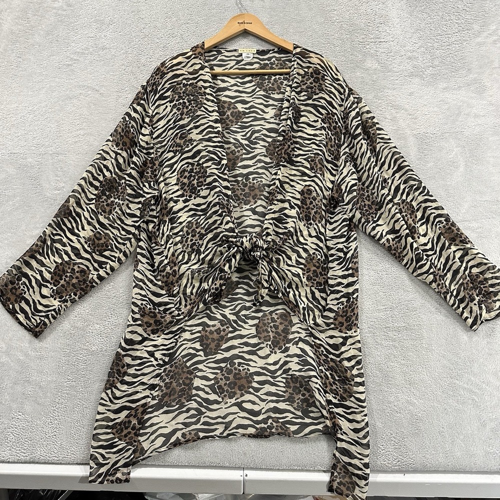 Tin Lizzie Open Front Cover Women 3X Brown Zebra Leopard Sheer Vtg USA 80s Silk